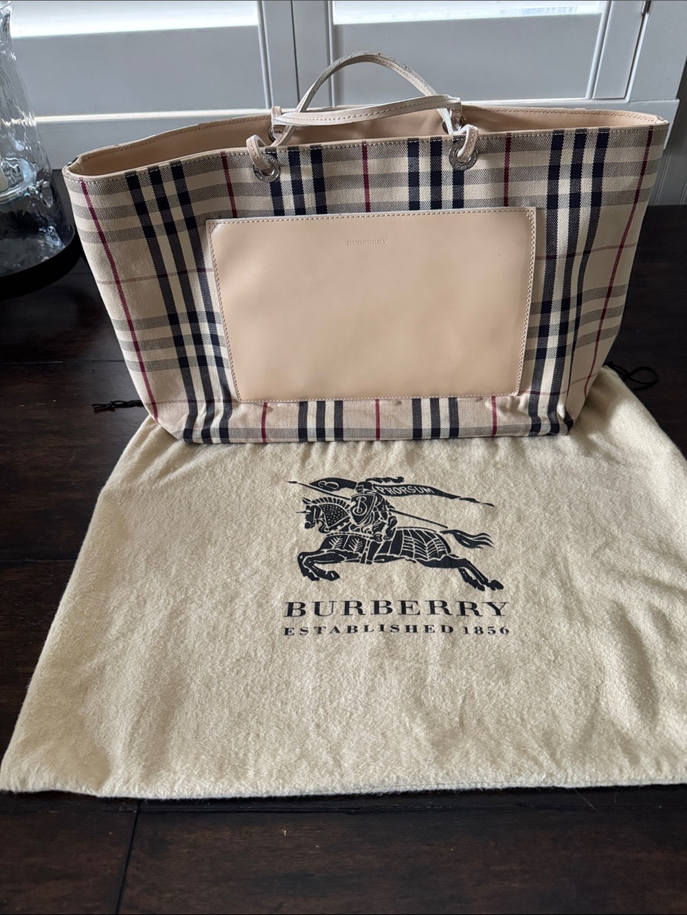 Burberry Beige & Navy Check Canvas Tote with Blush Leather Pocket